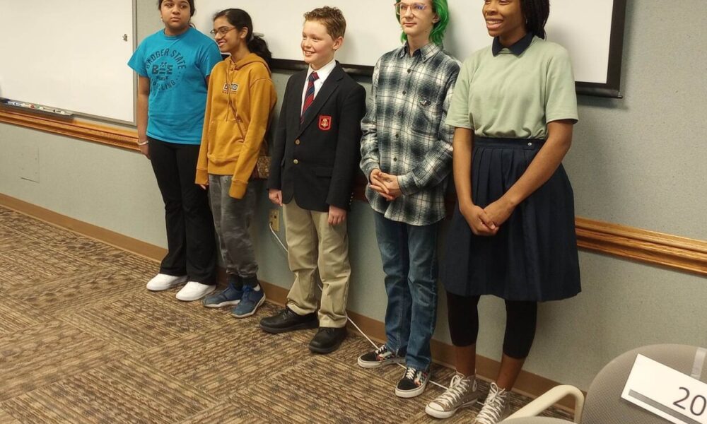 Top five finishers from 2023 CESA-4 spelling bee; the winner is Dean Teale of Holmen, second from right